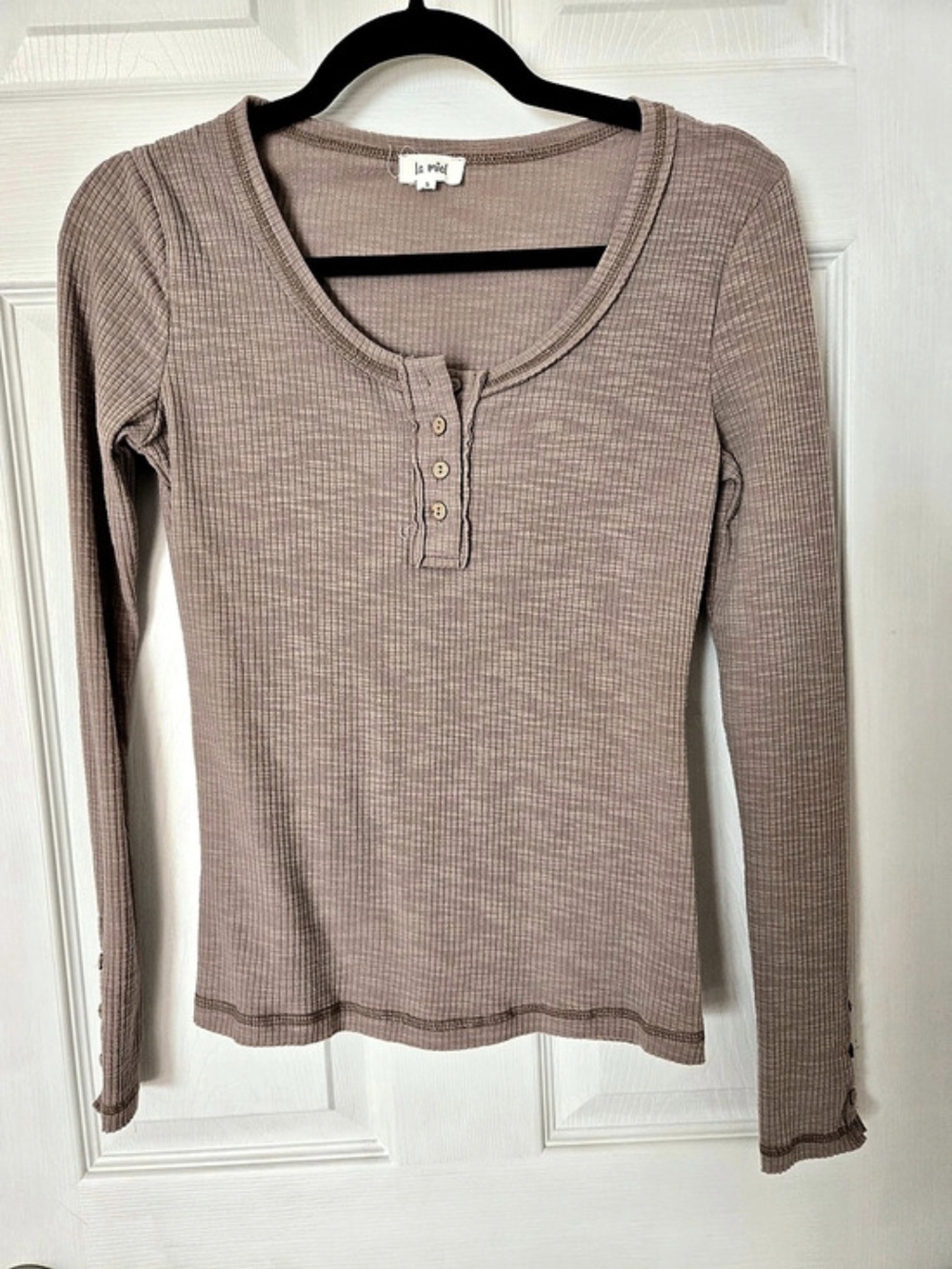 La Miel Ribbed Henley Long Sleeve Top, Taupe